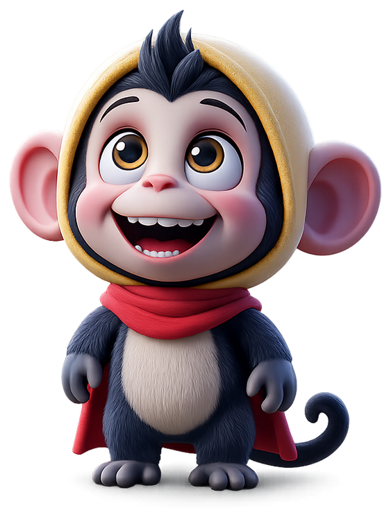 Gulsabi, the Pixnut original character: a young monkey in a mustard hood and red scarf, standing in his world