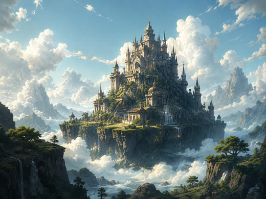 Concept art: a castle on a floating island above the clouds