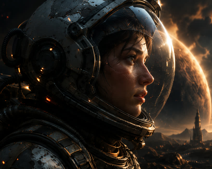 Cinematic key art: an astronaut in a battered helmet against a rising planet