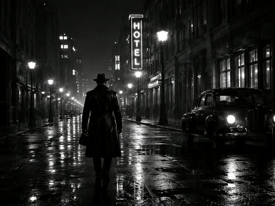 Noir film still: a figure in a trench coat on a wet city street at night