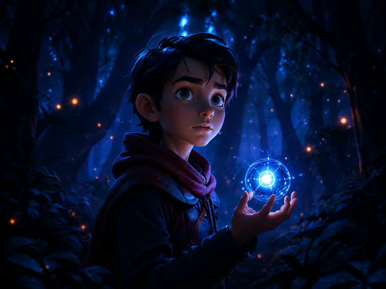 Animation frame: a boy holding a glowing orb in a night forest