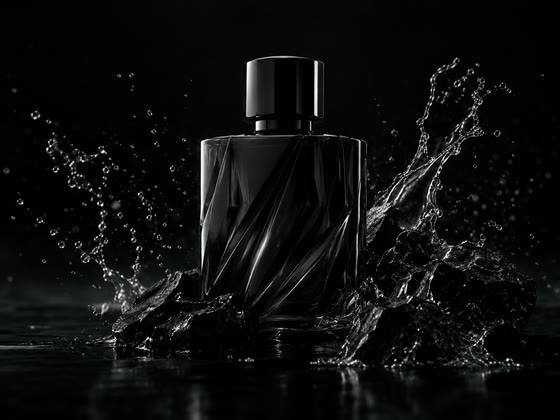 Product photography: a black fragrance bottle in a water splash