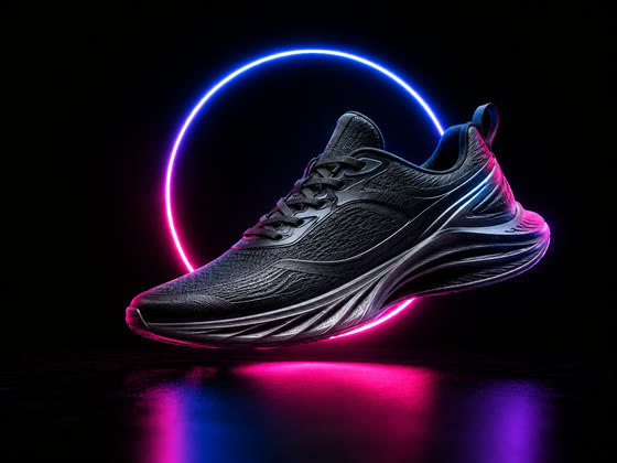 Product render: a running shoe lit by a neon ring