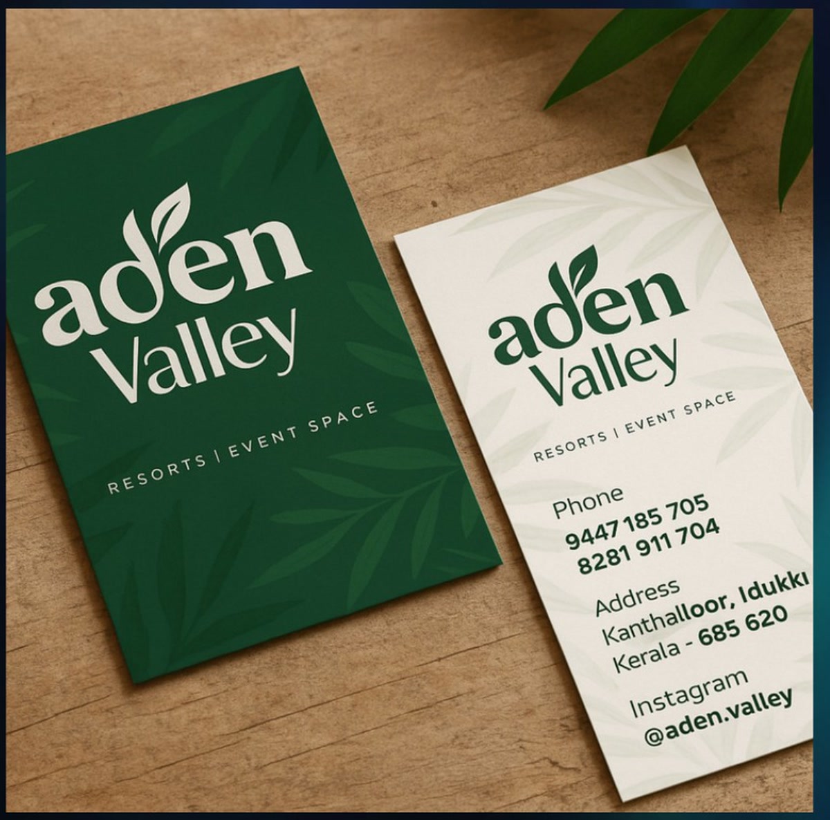 Aden Valley visiting cards in deep green and cream, showing the leaf wordmark and contact details