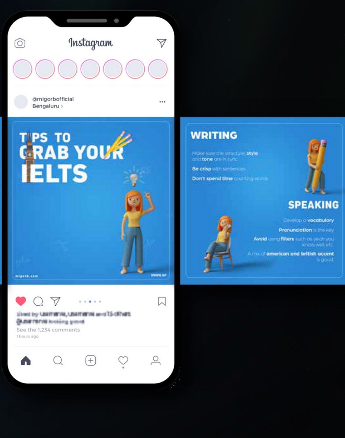 Migorb social media content shown in an Instagram post layout alongside campaign carousel cards