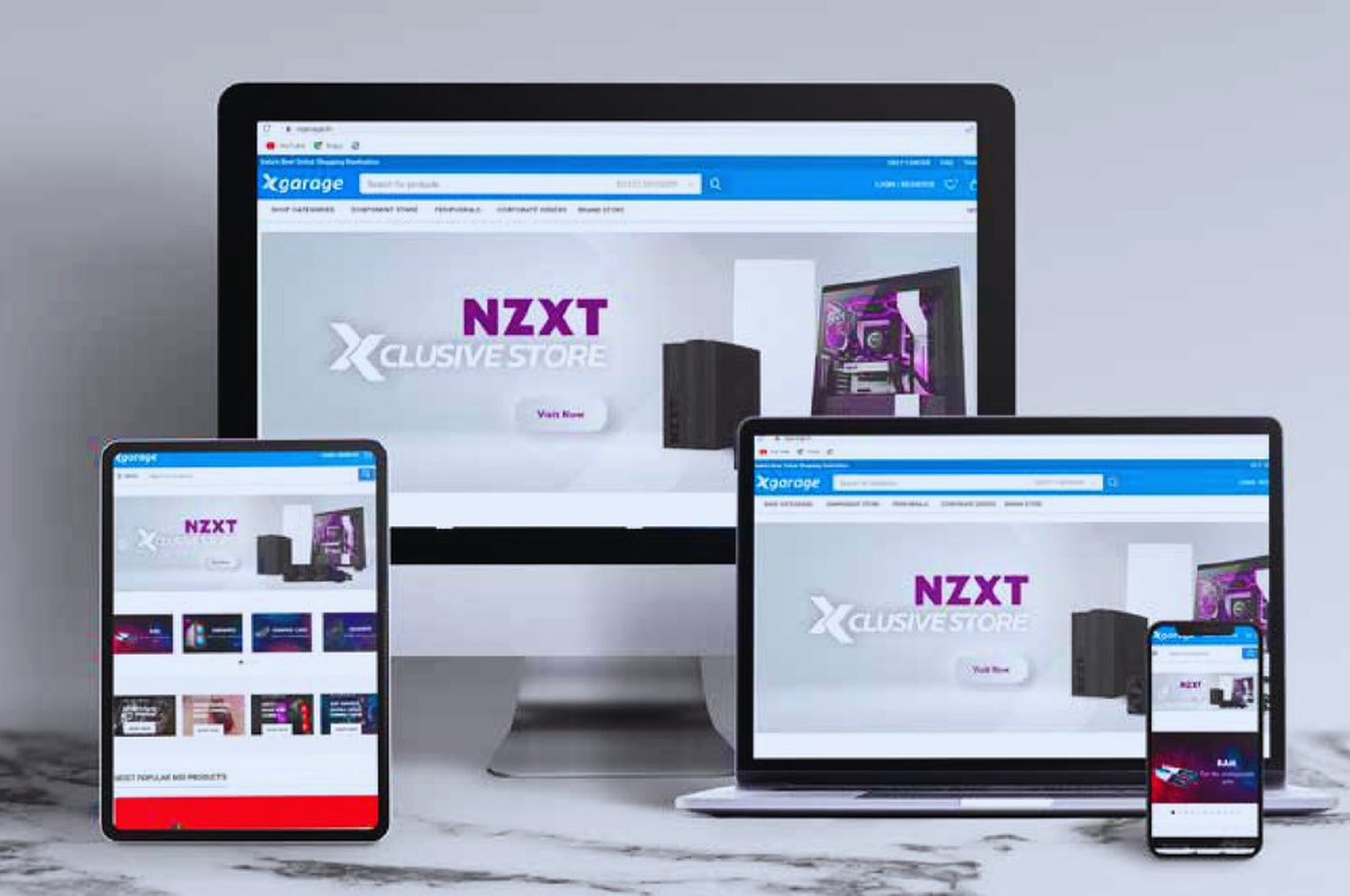 The XGarage ecommerce store shown across desktop, laptop, tablet and phone