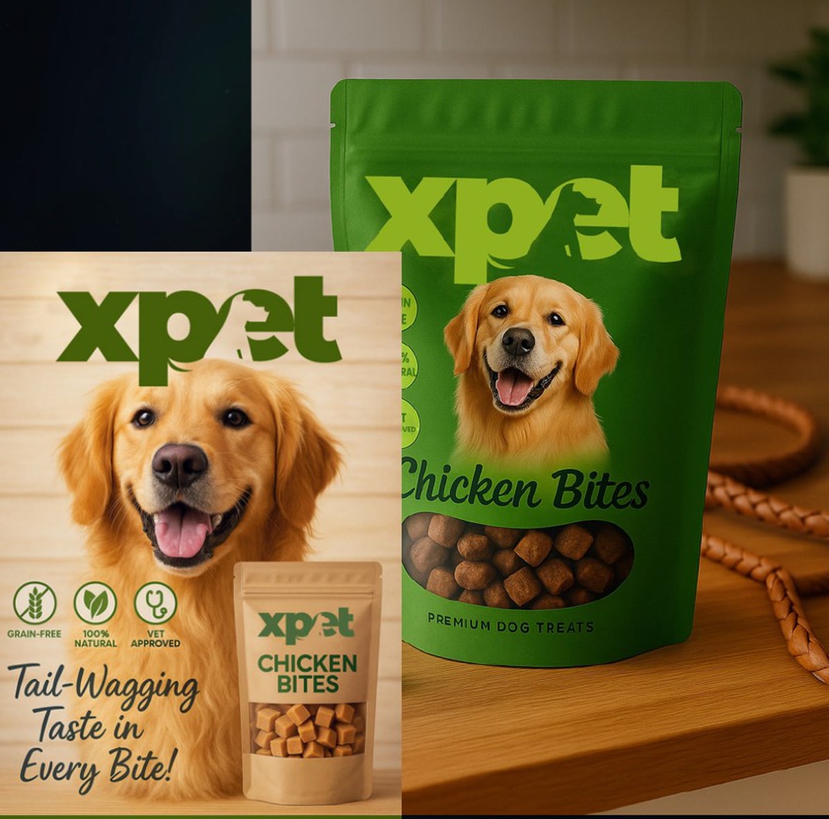 XPet Chicken Bites packaging and retail poster showing the brand identity applied to pack and print