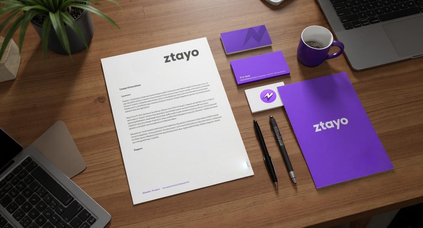 Ztayo identity system applied across stationery, business cards and a printed folder